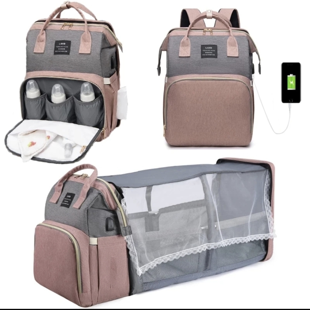 Multifunctional Pink and Gray Diaper Bag with Bassinet